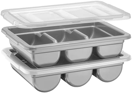 2 Pack - Cutlery Bin with Lid, Commercial 3-Compartment Flatware Tray with Cover, Silverware Divided Storage Plastic Container, Restaurant Condiments Holder, Covered Utensil Organizer Box, Gray