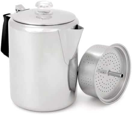 GSI Outdoors Percolator Coffee Pot I Glacier Stainless Steel with Silicone Handle for Camping, Backpacking, Travel, RV & Hunting - Stove Safe