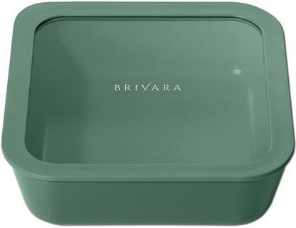 Glass Food Storage Container with Lid, 8-Cup Large Square | Microwave-Safe Airtight Lid, Oven-Safe Ceramic-Coated Glass | Zero Plastic, No PFAS/PFOA/BPA, Reusable [Pine]