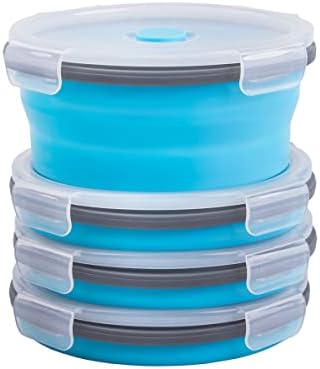 Collapsible Food Storage Containers Round with Airtight Lid, 27 oz, Kitchen Stacking Silicone Collapsible Meal Prep Container Set for Leftover, Microwave Freezer Dishwasher Safe, Blue, Set of 4
