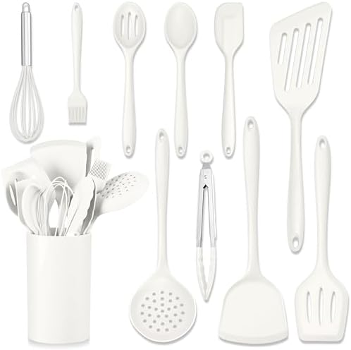 HaWare 11 PCS Silicone Cooking Utensils Set, Heat Resistant Kitchen Utensils with Holder, Food-grade Spatula Sets for Nonstick Cookware, Kitchen Tools Gadgets Include Fish Turner, Spoon (White)
