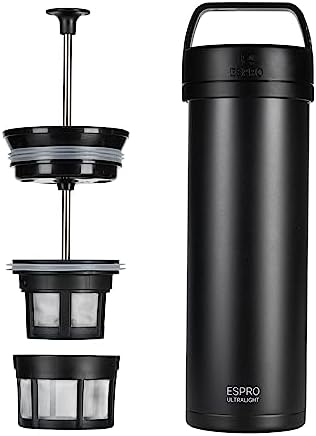 ESPRO Go P0 Ultralight French Press Coffee Maker for Travel, Vacuum Insulated Stainless Steel, 16 Ounces, Matte Meteorite Black