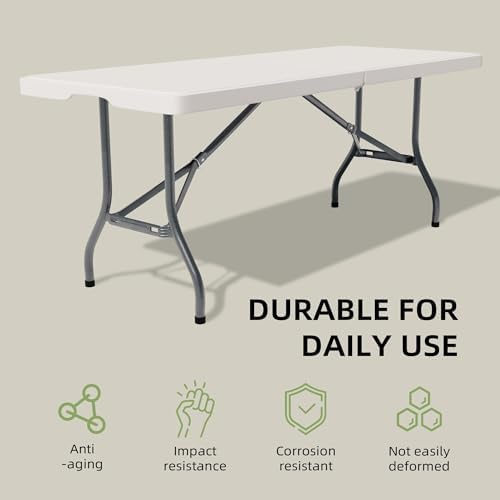 Folding Table 6 Foot - Heavy Duty 600LBS Capacity, Sturdy & Foldable Design with Safety Lock - Portable Tables Folding for Camping, Party, Indoor & Outdoor Use, 1 Pack