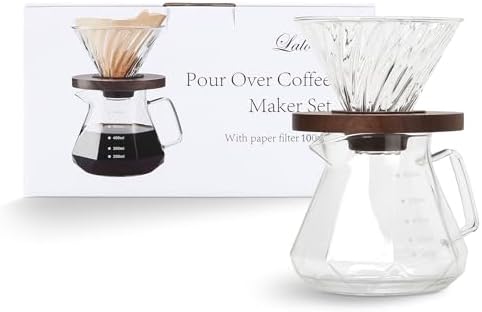 Lalord Pour Over Coffee Maker, 20 oz Borosilicate Glass Carafe with 100 pcs V60 Paper Filter, Walnut Handle & Glass Lid, Drip Coffee Maker for Home Café Restaurant Camping, 600 ml, Clear