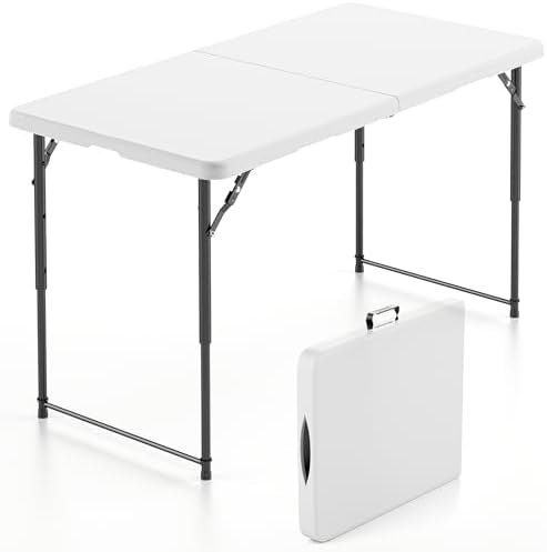 SKONYON 4 Foot Folding Table Heavy Duty Portable Fold-in-Half Plastic Utility Table Small Indoor Outdoor Adjustable Height Folding with Carrying Handle, Camping and Party, Portable White