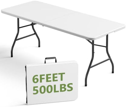 Folding Table, 6FT Portable Fold-in-Half Plastic Picnic Table, Heavy Duty Foldable Table with Carrying Handle, Ideal for Party, Camping, Craft, Dining, Wedding, Outdoor and Indoor Use, White