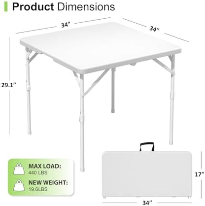 34" Square Folding Table, Plastic Card Table with Carrying Handle, Fold-in-Half Utility Portable Dining Tables Indoor Outdoor for Kitchen, Party, Picnic, Camping, Office, Wedding, White