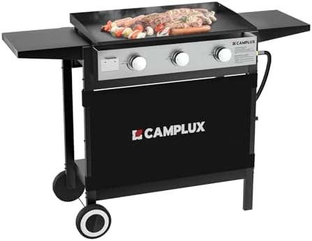 CAMPLUX Propane Griddle Flat Top, 3-Burner Gas Griddle with 3mm Thick Non-Deformable Plate & Ceramic Non-Stick Coating, 33,000 BTU Outdoor Cooking Station with Wheels and Side Shelves for Camping