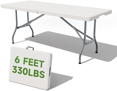 Folding Table 6 Foot - Heavy Duty 330LBS Capacity, Sturdy & Foldable Design with Safety Lock - Portable Tables Folding for Camping, Party, Indoor & Outdoor Use, 1 Pack