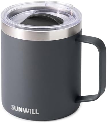 SUNWILL Travel Coffee Mug with Lid, Insulated Tumbler with Handle, 14 oz Stainless Steel Cup for Home, Office, Camping, Powder Coated Charcoal