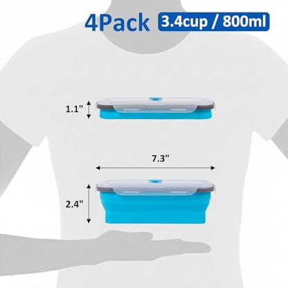 Collapsible Silicone Food Storage Containers Set with Lid & Air Vent,Foldable Lunch Containers(4PCS,Blue,27oz)