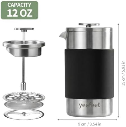 Small French Press, 12 oz French Press Coffee Maker, Mini Prensa Francesa for 2 Cups, Portable Stainless Steel Travel French Press, Single Serve for Home Office Camping