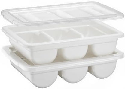2 Pack - Cutlery Bin with Lid, Commercial 3-Compartment Flatware Tray with Cover, Silverware Storage Plastic Container, Restaurant Condiments Holder, Covered Utensil Organizer Box, White