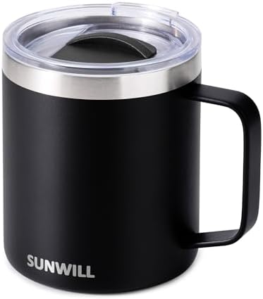 SUNWILL Travel Coffee Mug with Lid, Insulated Tumbler with Handle, 14oz Stainless Steel Cup for Camping, Outdoor, Powder Coated Black