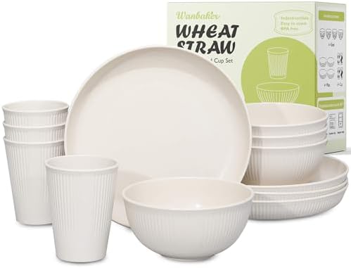 12pcs Wheat Straw Dinnerware Sets, Kitchen Unbreakable Wheat Straw Plates and Bowls Sets for College Dorm Apartment Reusable Beige