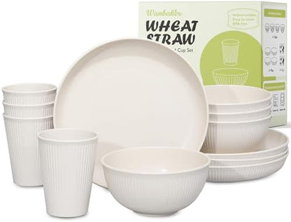 12pcs Wheat Straw Dinnerware Sets, Kitchen Unbreakable Wheat Straw Plates and Bowls Sets for College Dorm Apartment Reusable Beige