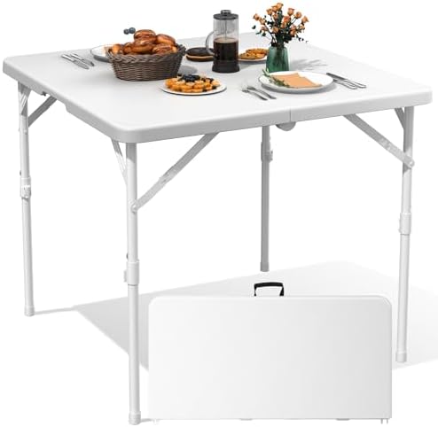 34" Square Folding Table, Plastic Card Table with Carrying Handle, Fold-in-Half Utility Portable Dining Tables Indoor Outdoor for Kitchen, Party, Picnic, Camping, Office, Wedding, White