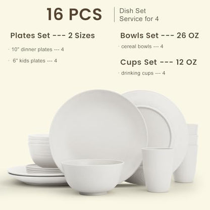 Homienly Wheat Straw Dinnerware Sets - 16 PCS Unbreakable Dinner Plates,Dessert Plates,Cereal Bowls,Drinking Cups,Dishes Sets for 4，Reusable Dishwasher & Microwave Safe for Kitchen - White