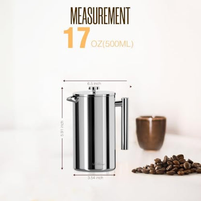Utopia Kitchen 304 Grade Stainless Steel French Press 17 Oz, Silver
