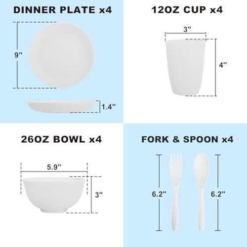 Wheat Straw Dinnerware Sets Service for 4, Unbreakable Kids Plates and Bowls Set 20 PCS, Microwave & Dishwasher Safe Dishes Set for Dinner, Kitchen, Camping, PV, Dorm - White