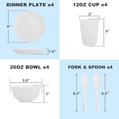 Wheat Straw Dinnerware Sets Service for 4, Unbreakable Kids Plates and Bowls Set 20 PCS, Microwave & Dishwasher Safe Dishes Set for Dinner, Kitchen, Camping, PV, Dorm - White