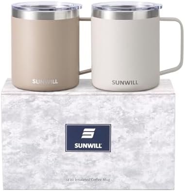 SUNWILL Travel Coffee Mug Set of 2, 14 oz Insulated Stainless Steel