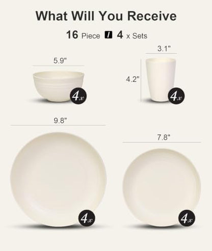 Quatish 16 Piece Plates and Bowl Set for 4, Dinnerware Dish Set for Kitchen