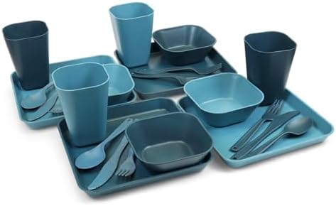 Coghlan's 4-Person Tableware Set for Camping and Outdoor Dining - Durable, Lightweight, Dishwasher Safe, Reusable, Includes Plates, Cups, Bowls, Cutlery in Portable Storage Container with Carry Handle