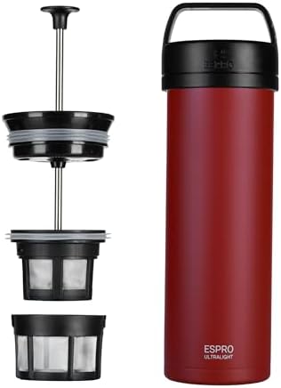 ESPRO Go P0 Ultralight French Press Coffee Maker for Travel, Vacuum Insulated Stainless Steel, 16 Ounces, Cranberry