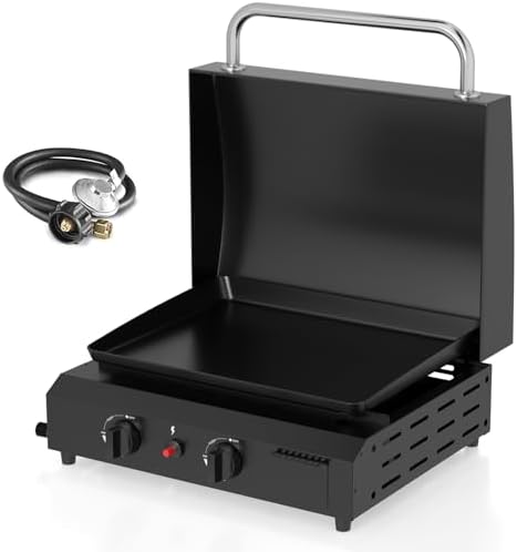 2 Burner BBQ Gas Griddle with Hood, 17.3 Inch Stainless Steel Portable Detachable Propane Griddle, 60,000 BTU Flat Top Grill with Lid for Camping, Black