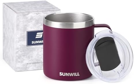 SUNWILL Travel Coffee Mug with Lid, Insulated Tumbler with Handle, 14 oz Stainless Steel Cup for Camping, Office, Home, Powder Coated Plum