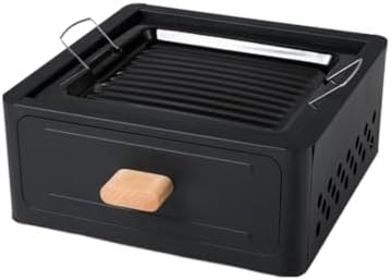 Portable Charcoal BBQ Grill Stove – Smokeless Outdoor Cooking for Camping & Tailgating, Yakitori Grill, Skewers, Easy Drawer Style, Pan and Grill Included Black (Black)