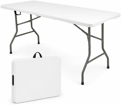 HAISIWLKJ Folding Table 5 FT Camping Table Portable Heavy Duty Plastic Rectangular Outdoor Dining Table Steel Legs Fold-in-Half with Carrying Handle for Indoor,Picnic,Party,Wedding,Events(White)