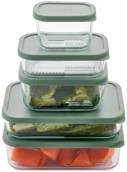 Glass Food Storage Containers with Lids - 10 Piece - 3 x 25.4 oz & 2 x 57.5 oz Glass with BPA-Free Leak Resistant Stackable Lids - Microwave, Oven & Dishwasher Safe - Ideal for Meal Prep - Soft Sage