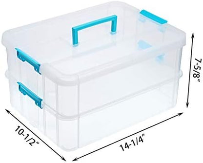 JUXYES 2-Tiers Plastic Stack Carry Storage Containers Box wih Handle Lids