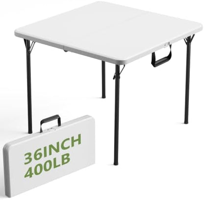 36" Folding Table, Portable Square Folding Card Table with Carrying Handle, Heavy Duty Plastic Foldable Event Table for Camping, Picnic, Party, Crafting, Outdoor and Indoor Use, White