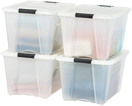 IRIS USA 54 QT Plastic Storage Box with Lid and Latches - 4 Pack - BPA-Free, Discreet Organizing Solution, Durable Nestable Stackable Containers, Secure Pull Handle - Pearl