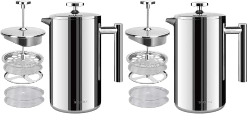 Secura French Press Coffee Maker, 304 Grade Stainless Steel Insulated Coffee Press with 2 Extra Screens, 50oz (1.5 Litre), Silver (Pack of 2)