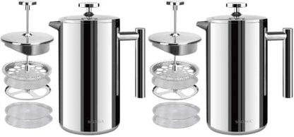 Secura French Press Coffee Maker, 304 Grade Stainless Steel Insulated Coffee Press with 2 Extra Screens, 50oz (1.5 Litre), Silver (Pack of 2)