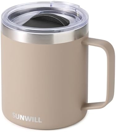 SUNWILL Travel Coffee Mug with Lid, Insulated Tumbler with Handle, 14oz Stainless Steel Cup for Camping, Office, Home, Powder Coated Taupe