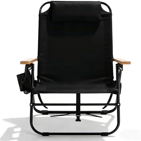 1 Pack Premium 5-Position Reclining Camping Chair - Portable Folding Lightweight Outdoor Chair with Wooden Armrests, Headrest & Pockets, 350lbs Heavy Duty for Beach, Patio, Night Black