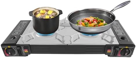 2 Burner Butane Stove Butane Camping Stove with Grill Tray and Carrying Case, Portable Camping Stove Outdoor Travel Gas Stove for Camping, Home, BBQ