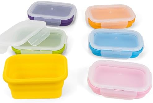 Reusable Silicone Snack Sontainers with Lids, 14oz, Small Collapsible Food Storage Containers for Meal Lunch Small Portion, Stackable, Space Saver for RV, Travel, Microwave Dishwasher Safe, 6 Pack