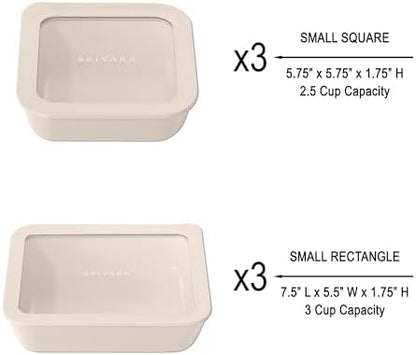 12-Piece Glass Meal Prep Containers Set with Lids (6 Containers + 6 Lids) | Microwave-Safe Airtight Seal, Oven-Safe Ceramic-Coated Glass | Zero Plastic, No PFAS/PFOA/BPA [Crema]