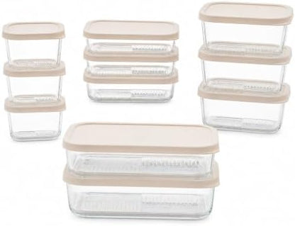 Glass Food Storage Containers with Lids - 22 Piece - 10.5 oz, 17.6 oz, 25.4 oz & 57.5 oz Sets Glass with BPA-Free Leak Resistant Stackable Lids - Microwave, Oven & Dishwasher Safe - Vanilla Mist