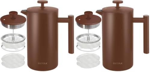 Secura French Press Coffee Maker, 304 Grade Stainless Steel Insulated Coffee Press with 2 Extra Screens, 34oz (1 Litre), Coffee (Pack of 2)