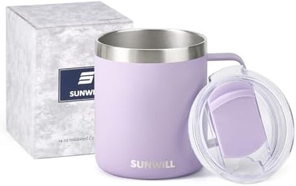 SUNWILL Travel Coffee Mug with Lid, Insulated Tumbler with Handle, 14 oz Stainless Steel Cup for Home, Office, Camping, Powder Coated Orchid