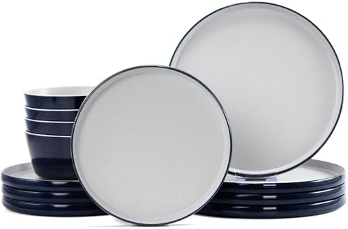 Melamine Dinnerware Sets,Plate and Bowl Set for 4,Navy Blue,Gray