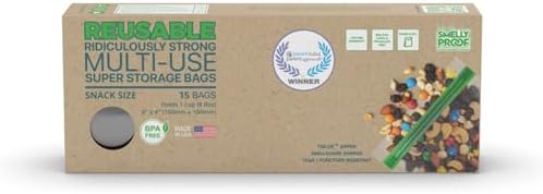 Smelly Proof 15 x Reusable Food Storage Bags, Reusable Freezer Bags, Reusable Snack Bags, Stand-Up Expandable “Stand & Fill”, Clear 3-Mil 6” x 4”, US Made, BPA FREE, NO PEVA, 15-pk