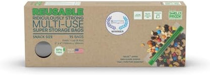 Smelly Proof 15 x Reusable Food Storage Bags, Reusable Freezer Bags, Reusable Snack Bags, Stand-Up Expandable “Stand & Fill”, Clear 3-Mil 6” x 4”, US Made, BPA FREE, NO PEVA, 15-pk